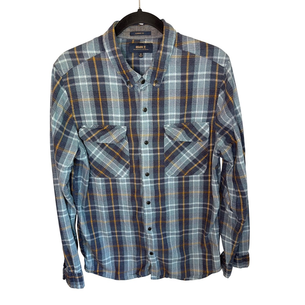 Roark Mens Classic Fit Plaid Flannel Button Down Shirt Blue Orange Size M